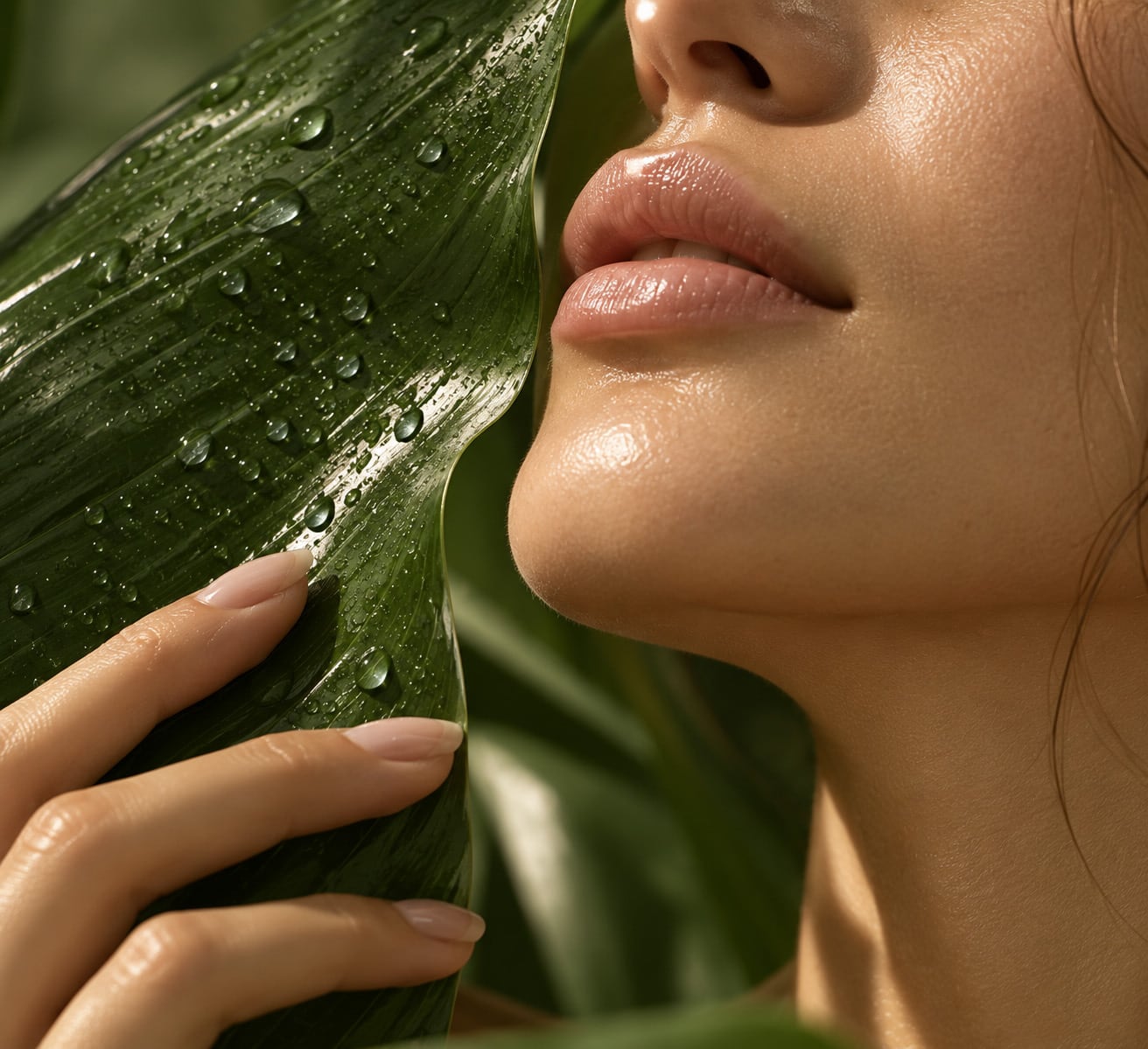 Skin and a green leaf in the same soft light
